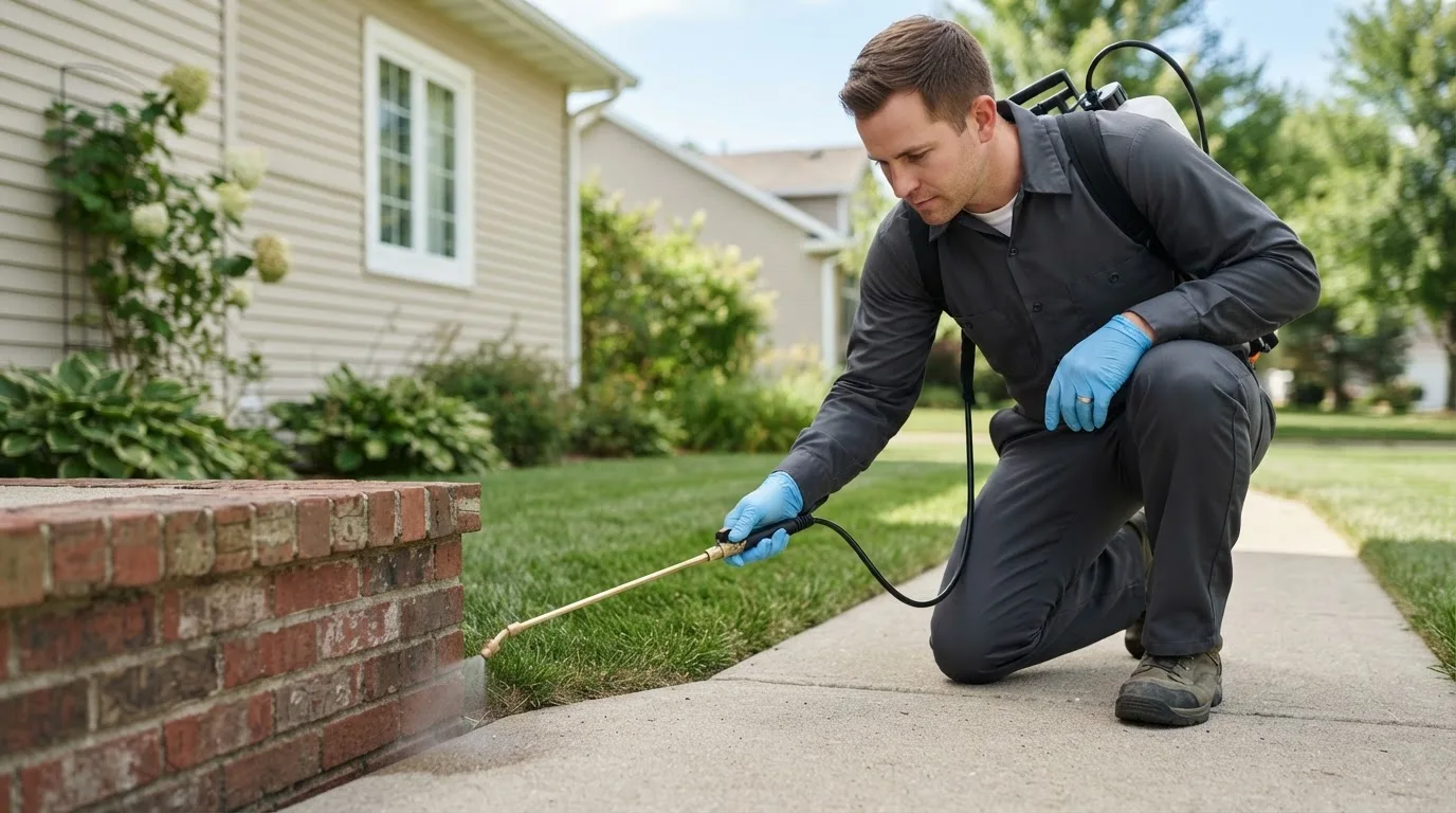 Pest control technician treating a home near Chesterville, OH