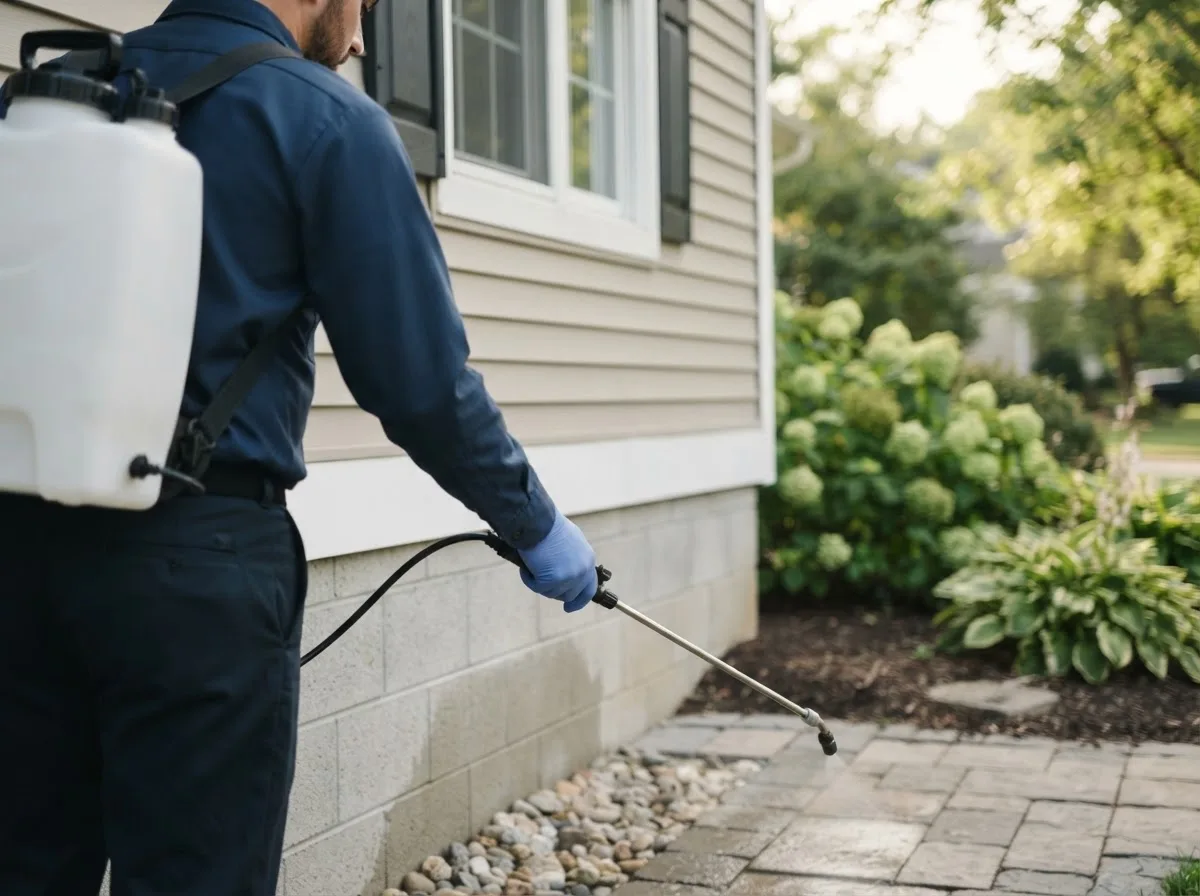 Pest control technician inspecting a home in Chesterville, OH